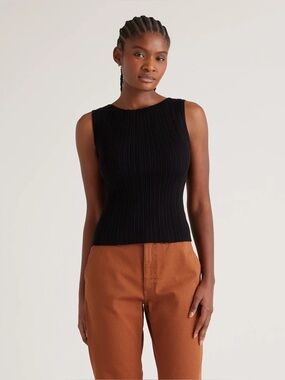 NEW Quince Cotton Cashmere Ribbed Tank XS Black Boat Neck Sleeveless Knit Top